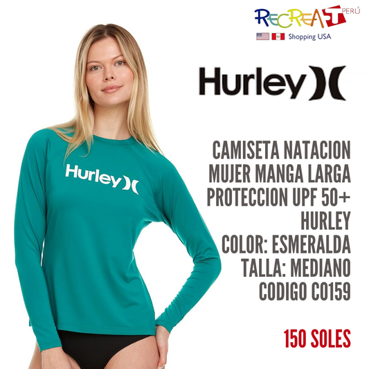 Hurley Camiseta de protección manga larga, camiseta de natación para mujer, protección UPF 50+ SPF y UV, Esmeralda/Sólidos, talla M